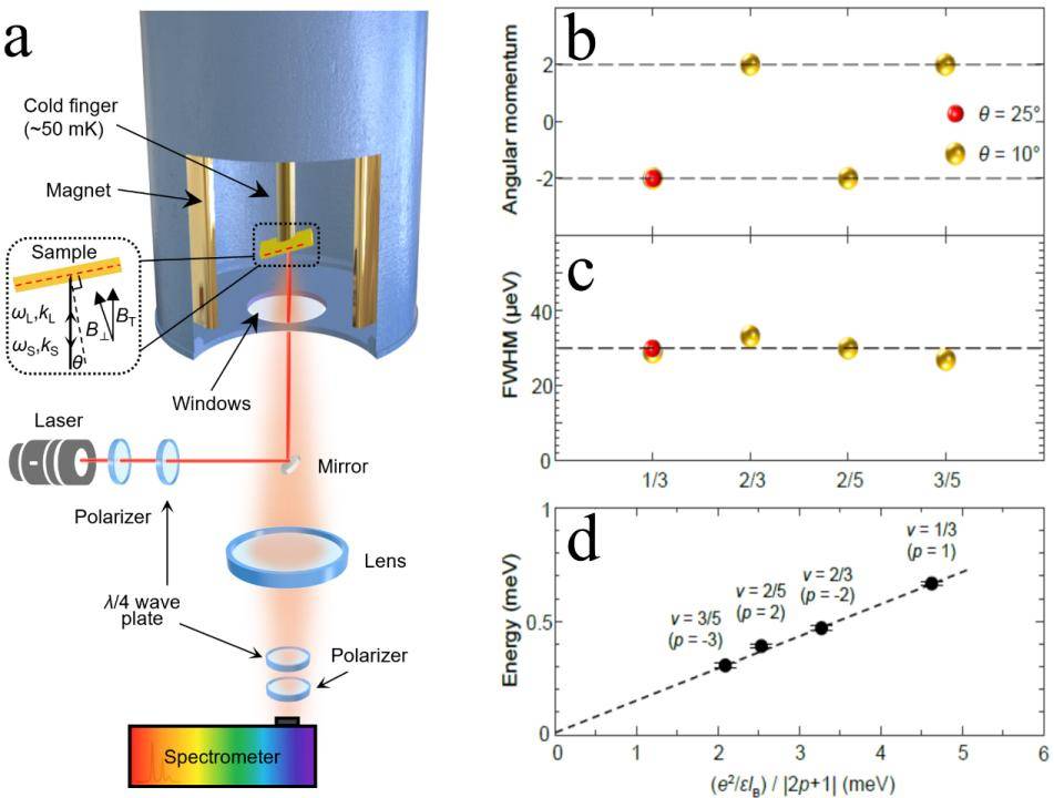 图3：（a）极低温强磁场共振非弹性偏振光散射测量平台。（b）引力子激发的手性自旋2特性。（c）引力子激发峰峰宽揭示其长波特性。（d）引力子激发能量符合其能量特性。
